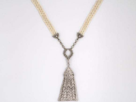42778 - SOLD - Edwardian Platinum Diamond Pearl Sautoir Necklace