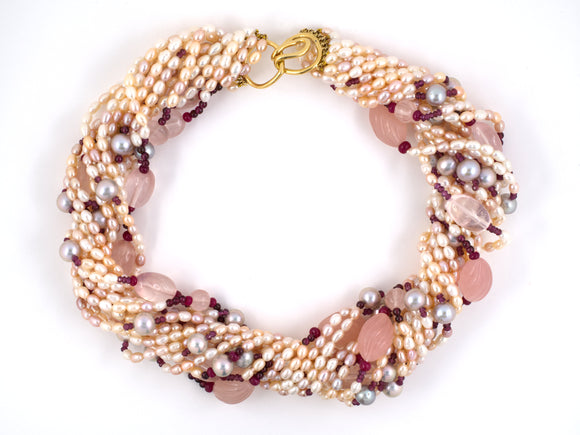 42808 - SOLD - Gold Butterfly Rose Quartz Pearl Ruby Garnet Necklace
