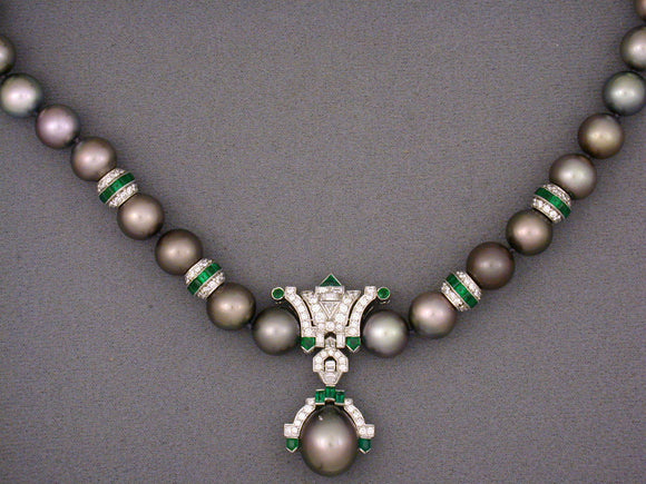 42874 - SOLD - Circa 1997 Yard Platinum Diamond Emerald Black Pearl Necklace
