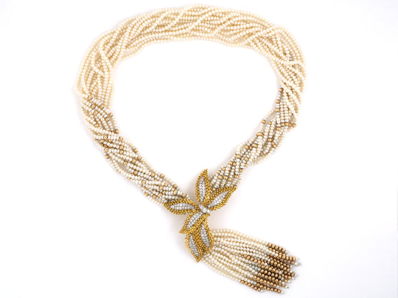 42921 - Gold Palladium Pearl Diamond Torsade Necklace