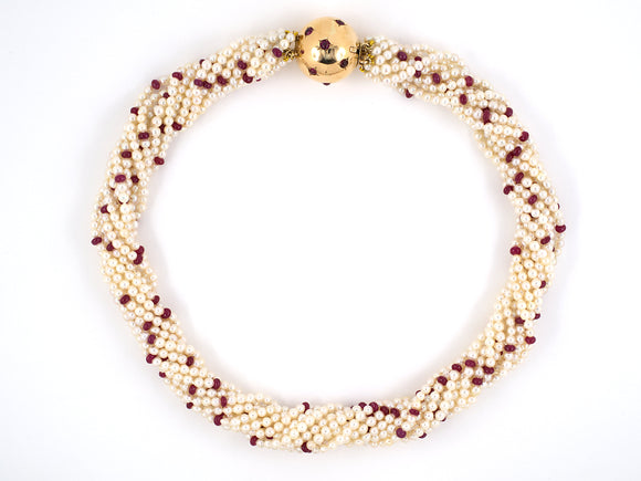42928 - SOLD - Circa 1950 Gold Burma Ruby Akoya Pearl Torsade Necklace