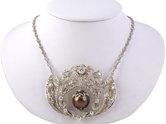 43006 - Edwardian Belle Epoque Platinum Gold GIA Brown Pearl Diamond Pendant Necklace