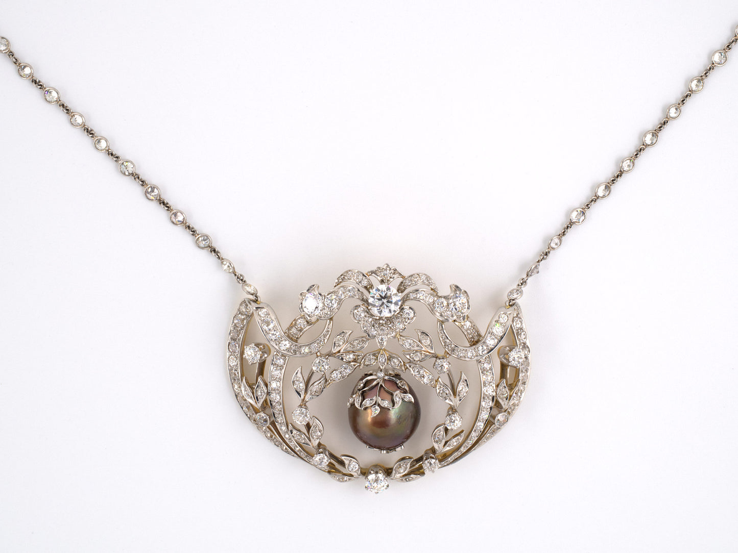 43006 - Edwardian Belle Epoque Platinum Gold GIA Brown Pearl Diamond Pendant Necklace