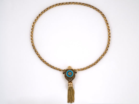 43038 - Victorian Gold Silver Turquoise Pendant Necklace