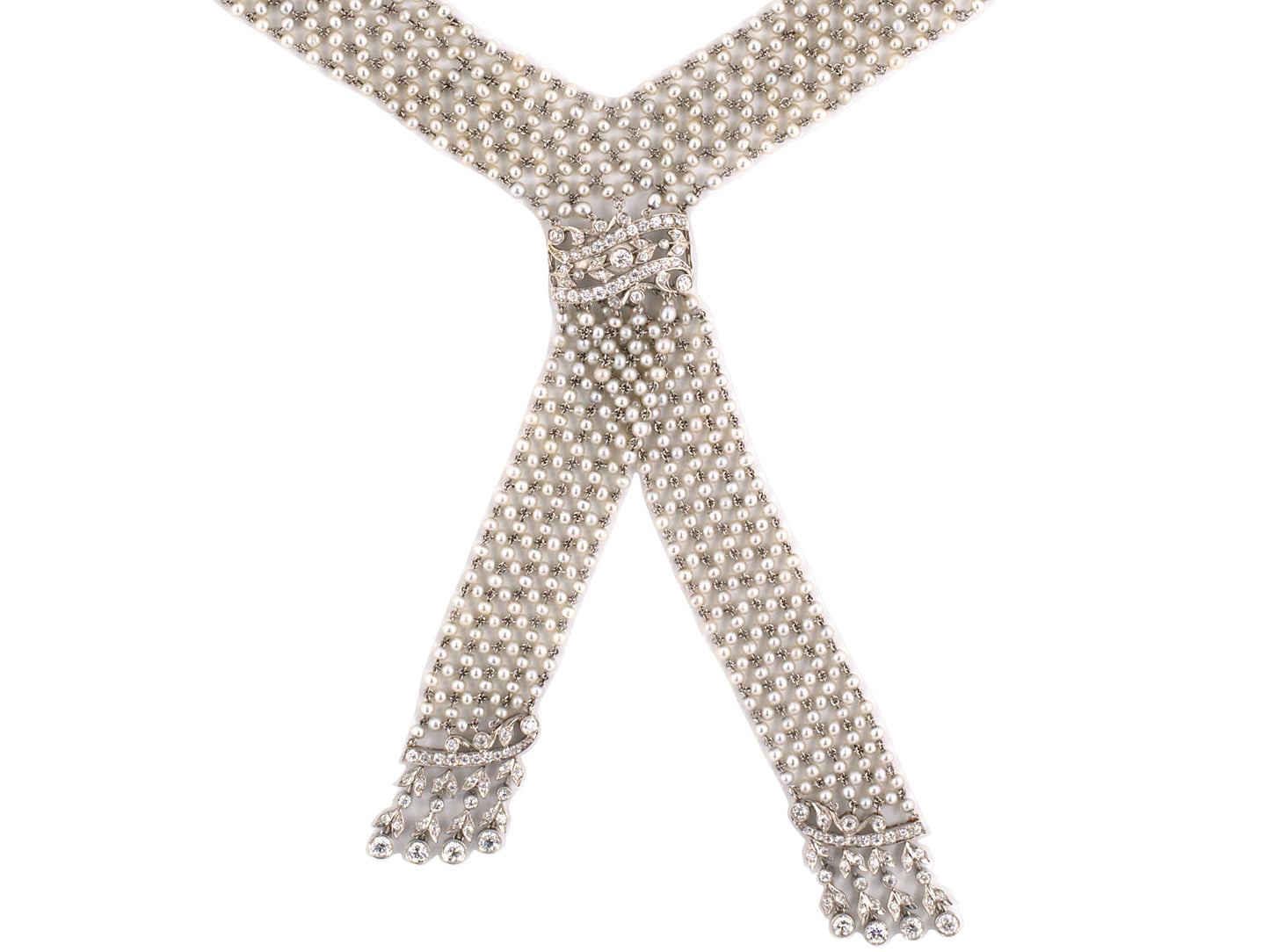 43054 - Edwardian Platinum Diamond Seed Pearl Woven Filigree Drop Neglige Neck