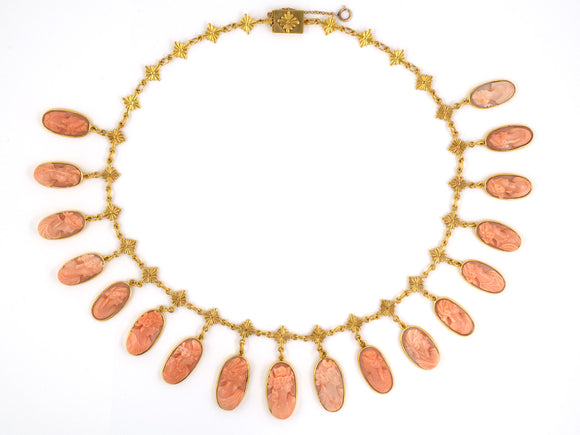 43200 - SOLD - Victorian Gold Coral Cameo Drop Dangle Festoon Necklace