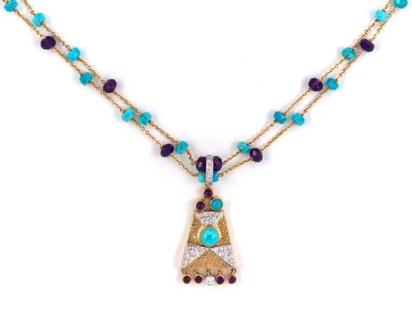 43214 - Platinum Diamond Amethyst Turquoise Drop Dangle Pendant Necklace