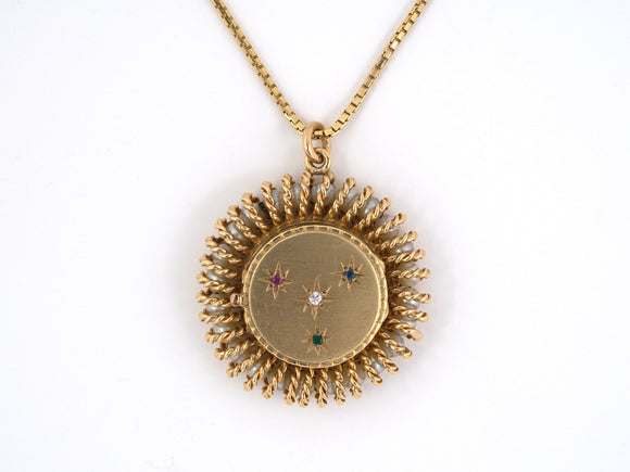 43223 - SOLD - Circa 1950s Gold Diamond Ruby Sapphire Emerald Pearl Locket Pendant Necklace