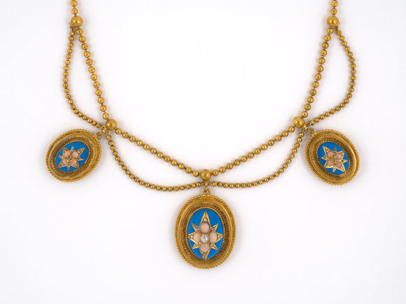 43232 - Victorian Etruscan Revival Gold Diamond Coral Enamel Festoon Necklace