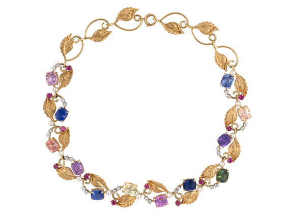 43270 - Tiffany Gold Palladium AGLSapphire Padparadscha Diamond Ruby Pearl Necklace