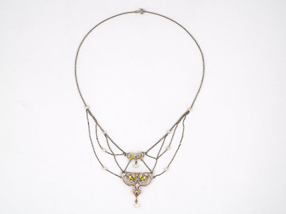 43330 - Art Nouveau Platinum Gold Diamond Pearl Enamel Necklace