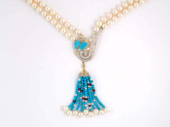 43332 - Gold Pearl Diamond Ruby Turquoise Necklace