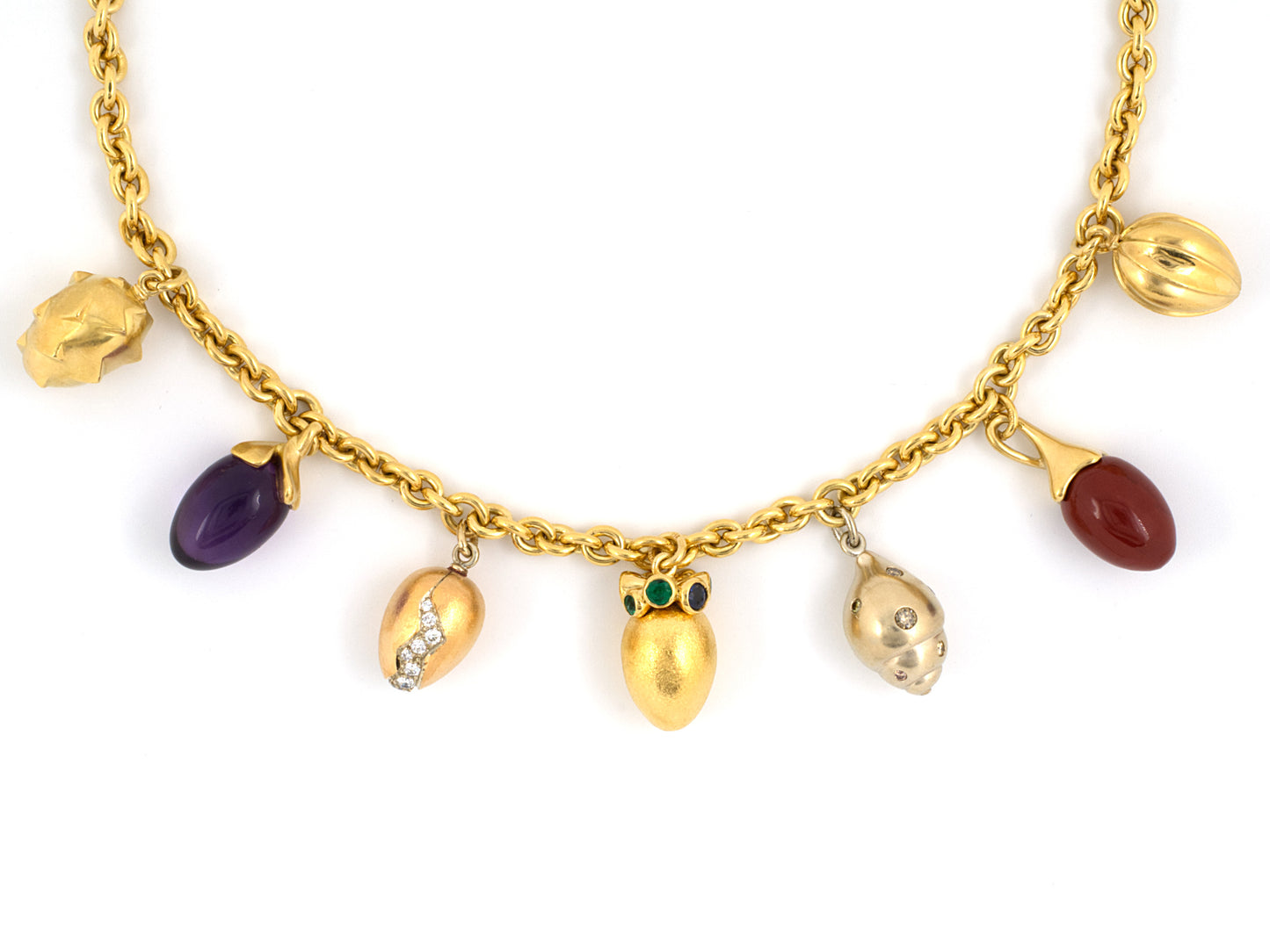 43366 - Boregaard Gold Diamond Emerald Sapphire Jasper Amethyst Eggs Pendants Necklace