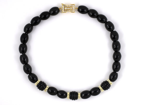 43377 - Circa 1991 Gold Diamond Onyx Beads Rondel Necklace