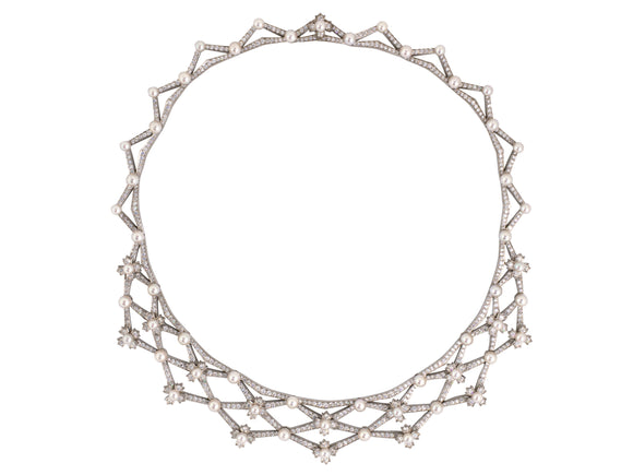 43504 - Tiffany Platinum Pearl Lattice Diamond Necklace