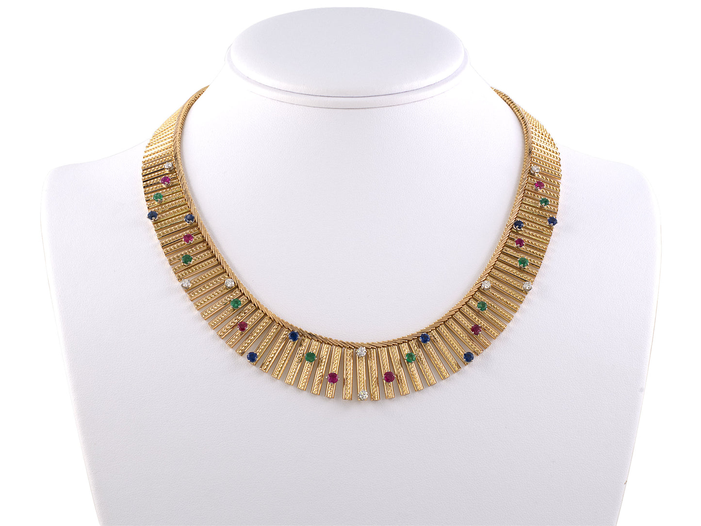 43542 - Circa 1950s Gold Platinum Diamond Emerald Ruby Sapphire Necklace