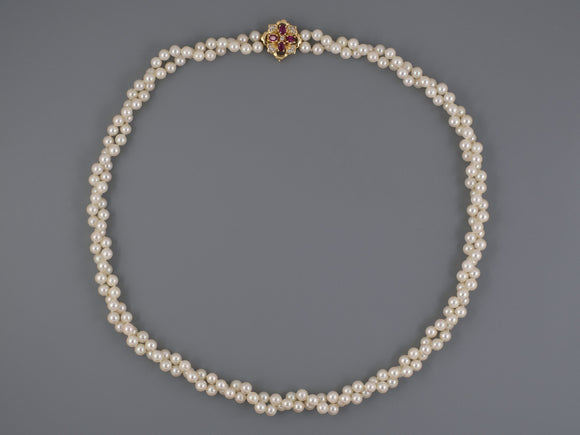 43571 - SOLD - Gold Ruby Diamond 2 Strand Pearl Necklace