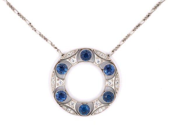 43611 - Edwardian Platinum Sapphire Diamond Circle Pendant Necklace