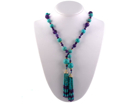 43654 - SOLD - Gold Turquoise Amethyst Diamond Necklace