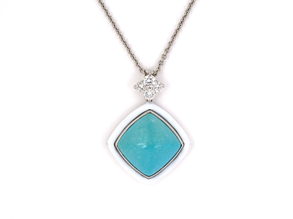 43685 - Platinum Gold Turquoise Diamond Enamel Pendant Necklace