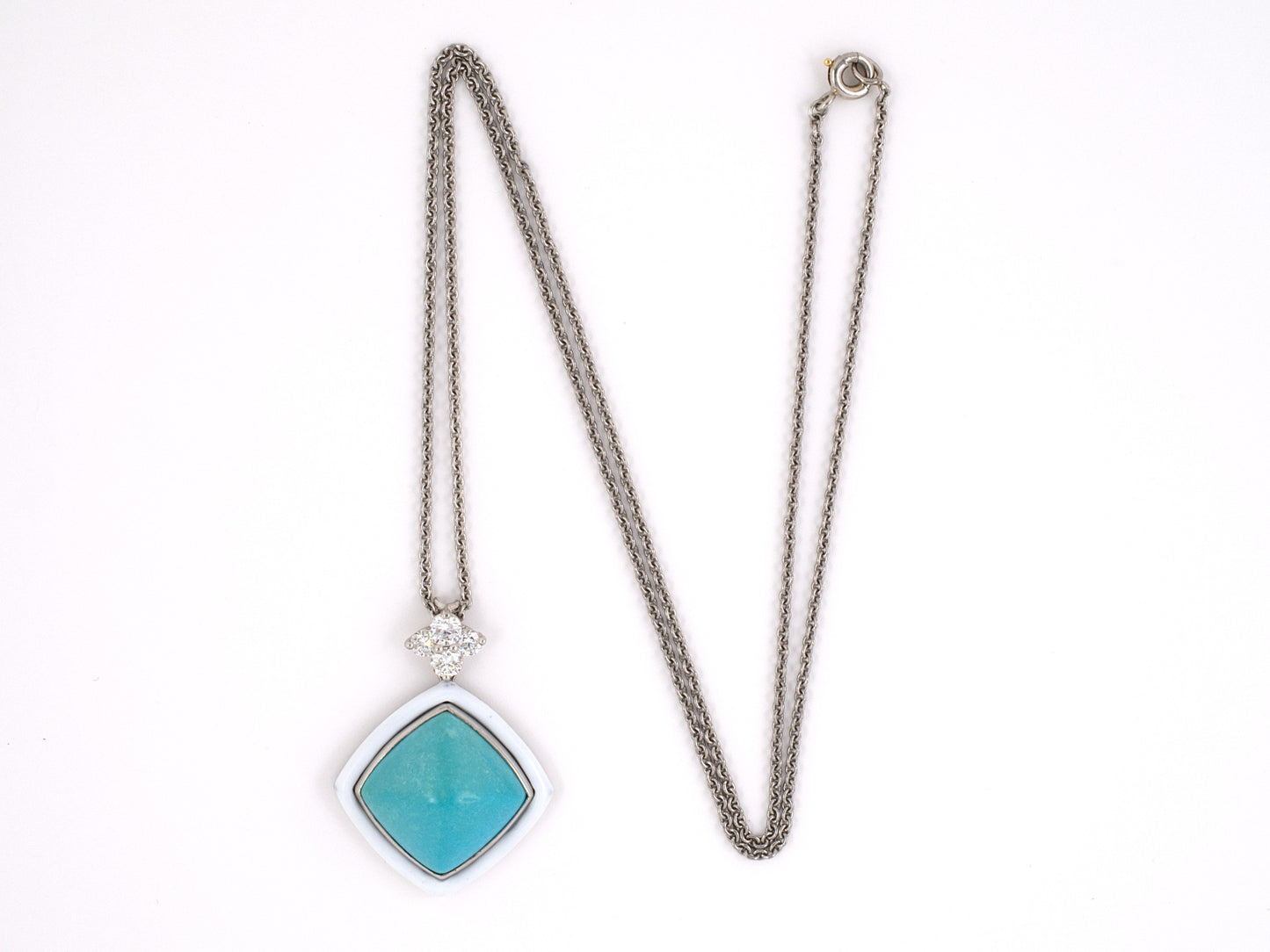 43685 - Platinum Gold Turquoise Diamond Enamel Pendant Necklace