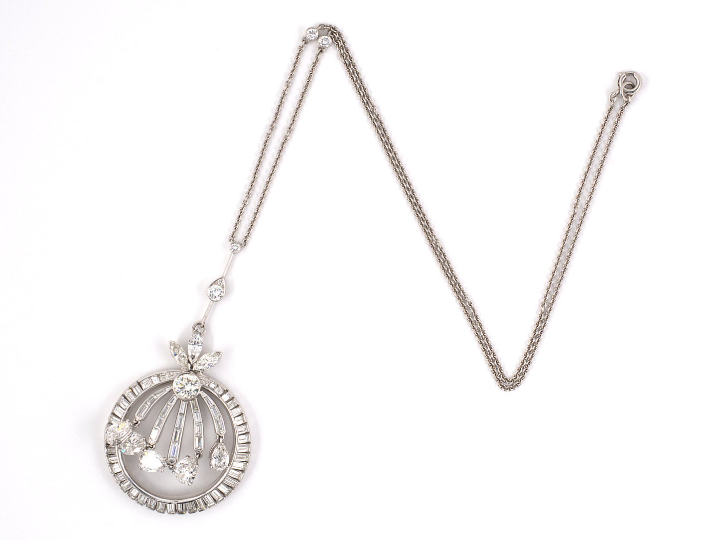 43702 - Circa 1950s Platinum Diamond Pear Drop Dangle Pendant Necklace