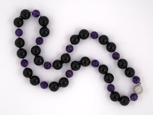 43721 - SOLD - Onyx Amethyst Crystal Necklace With Gold Diamond Clasp