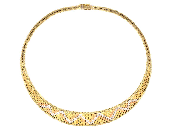 43730 - SOLD - Gold Tri Color Woven Corrugated Necklace