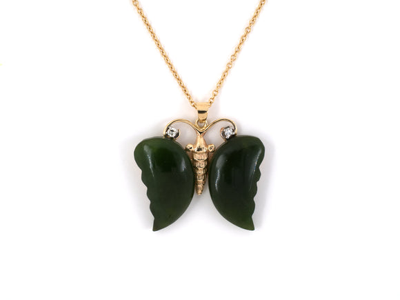 43733 - SOLD - Gold Nephrite Jade Diamond Butterfly Pendant Necklace