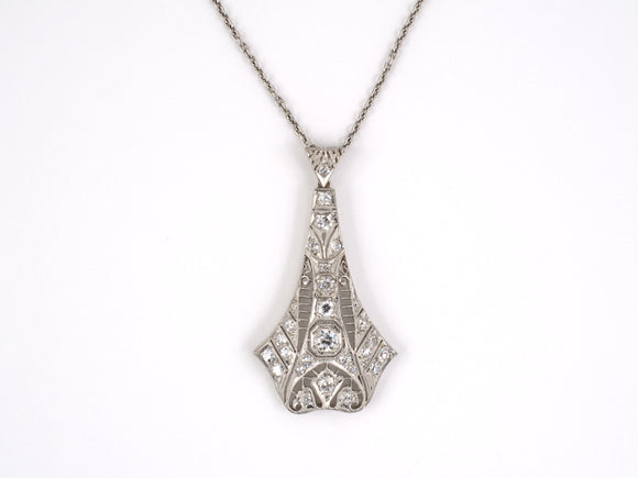 43756 - SOLD - Art Deco Platinum Diamond Filigree Bell Pendant Necklace