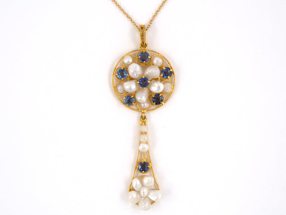 43918 - SOLD - Art Nouveau Gold Pearl Sapphire Circle Drop Dangle Pendant Necklace