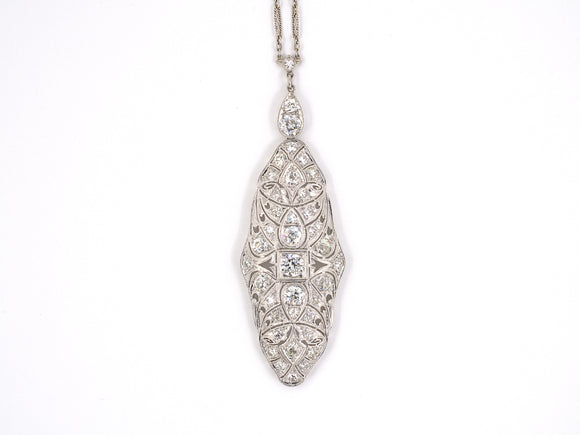 43933 - Art Deco Platinum Diamond Filigree Drop Pendant Necklace