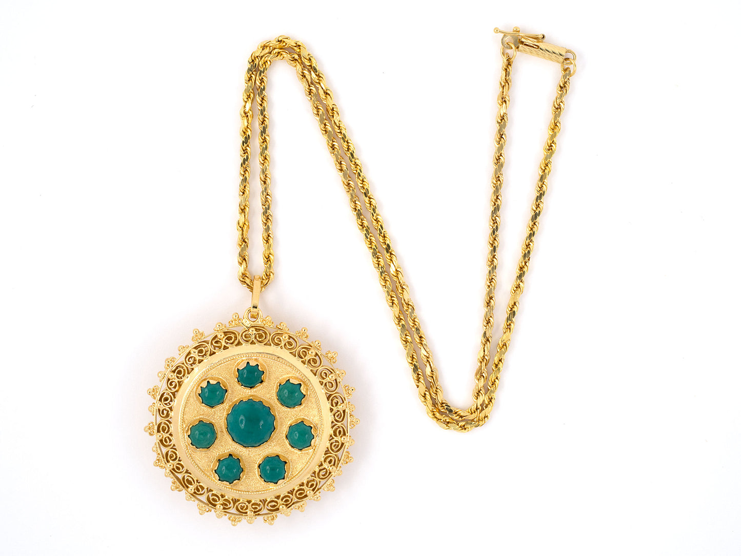43958 - SOLD - Gold Turquoise Circular Pendant Necklace