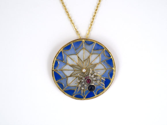 43985 - SOLD - Gold Silver Diamond Ruby Sapphire Enamel Circle Spider Webb Pendant Necklace