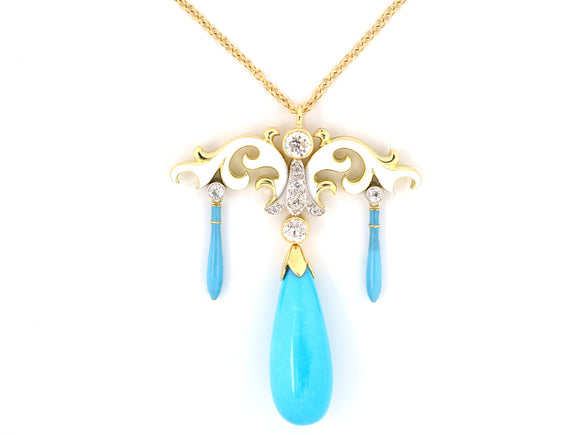 45000 - Gold Platinum Diamond Turquoise Enamel Drop Dangle Pendant Necklace