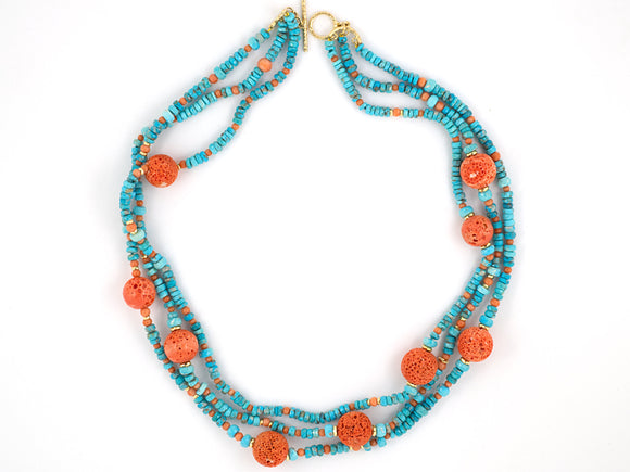 45019 - Gold Coral Turquoise Rondel Necklace