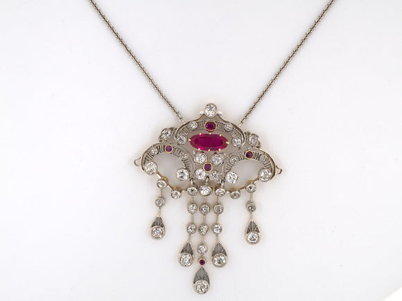 45026 - SOLD - Edwardian Platinum Gold AGL Burma Ruby Diamond Pendant Necklace
