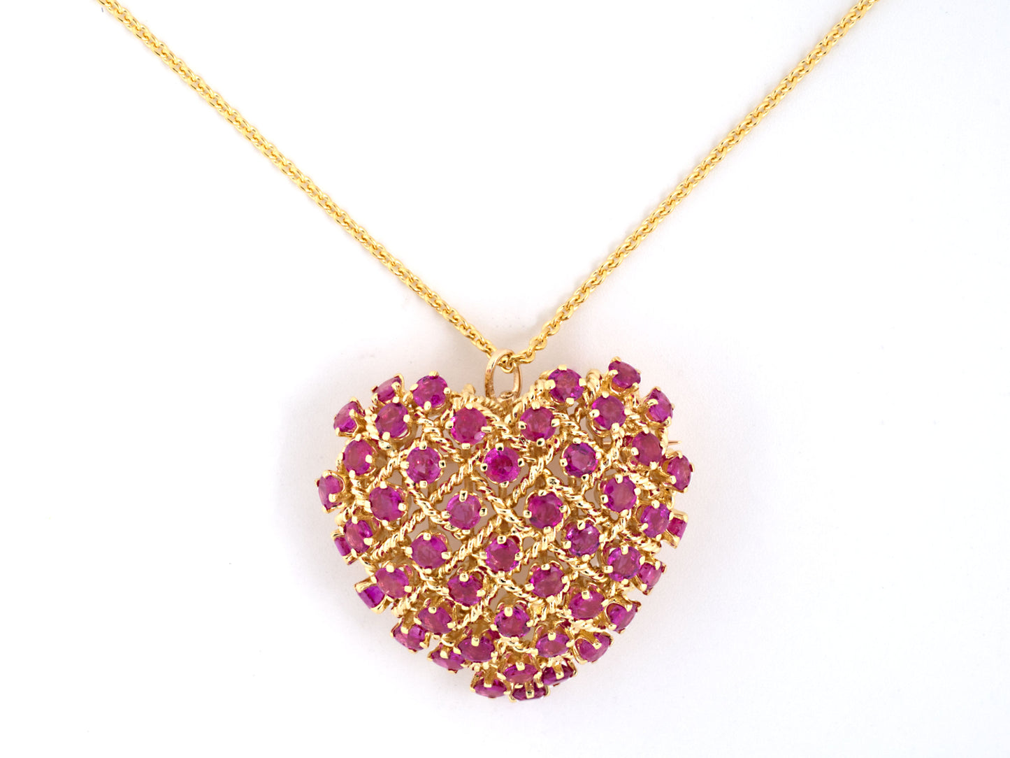 45029 - Circa 1970 Tiffany Gold Ruby Heart Pin Pendant Necklace