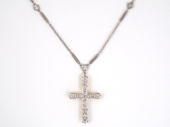 45118 - Edwardian Platinum Gold Diamond Cross Pedant Necklace