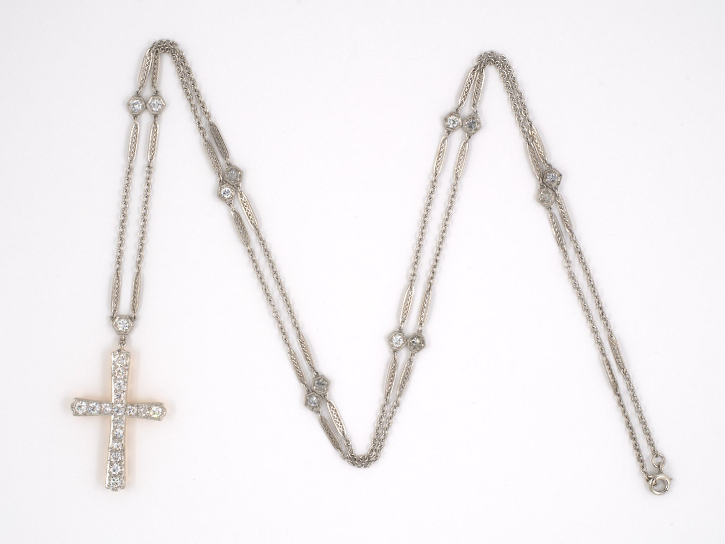 45118 - SOLD - Edwardian Platinum Gold Diamond Cross Pedant Necklace
