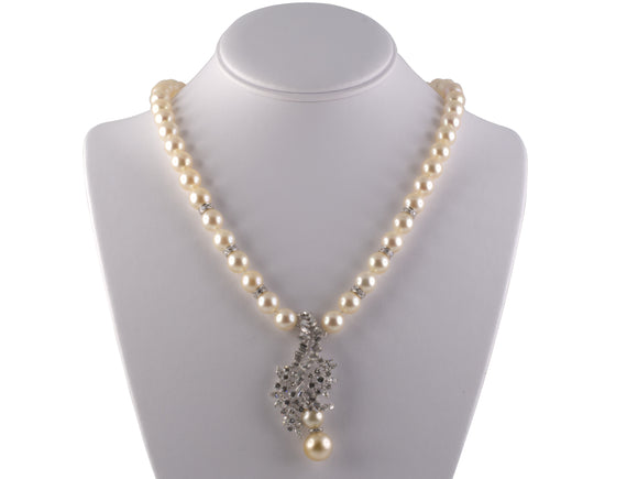 45122 - SOLD - Circa 1965 Platinum Diamond Pearl Necklace With Drop Pendant