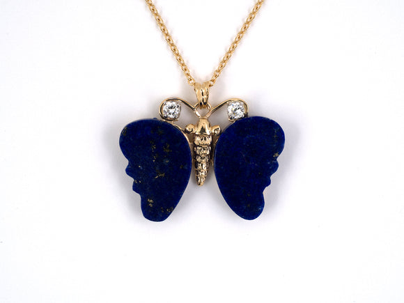 45124 - Gold Platinum Lapis Diamond Butterfly Pendant Necklace