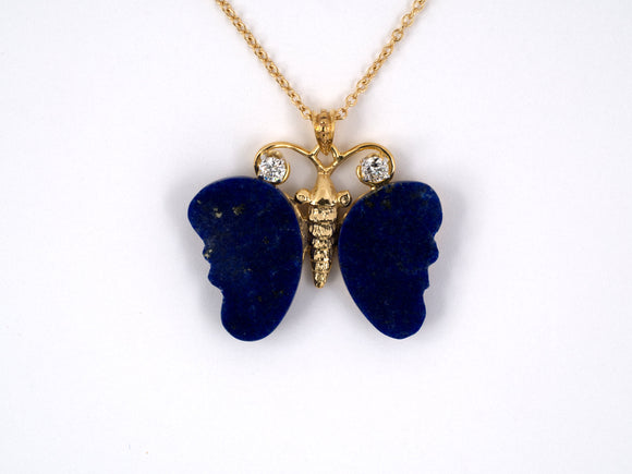 45125 - SOLD - Gold Platinum Lapis Diamond Butterfly Pendant Necklace