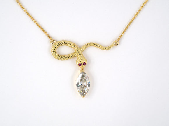 45136 - Gold GIA Diamond Ruby Carved Snake Pendant Necklace