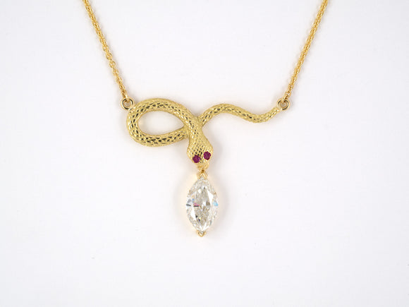 45137 - SOLD - Gold GIA Diamond Ruby Carved Snake Pendant Necklace