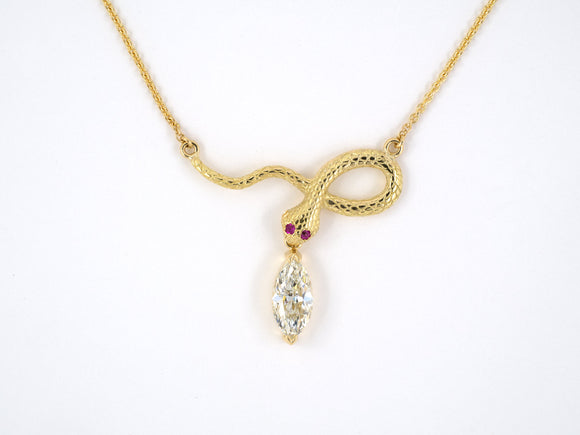45138 - Gold GIA Diamond Ruby Carved Snake Pendant Necklace