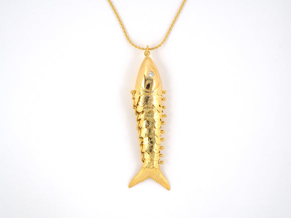 45149 - Circa 1950 Gold Diamond Fish Pendant Necklace