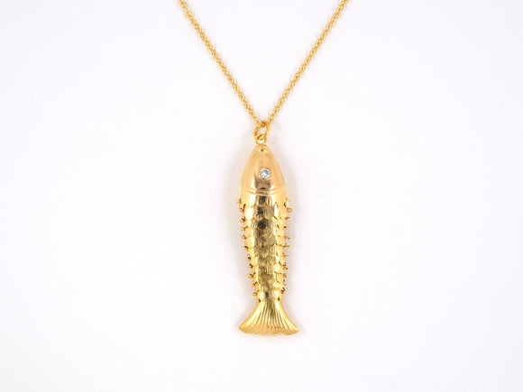 45150 - SOLD - Circa 1950 Gold Diamond Fish Pendant Necklace