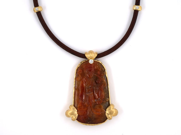 45157 - Gold GIA Carved Jadeite Diamond Pendant With Brown Leather Cord Necklace