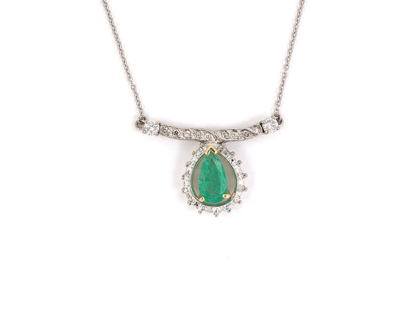 45159 - SOLD - Platinum Gold Diamond Emerald Pear Shape Cluster Pendant Necklace
